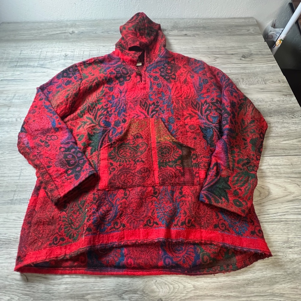 Unbranded Tapestry Hoodie Mens XL Red Paisley Woven Baja Boho Pullover N85